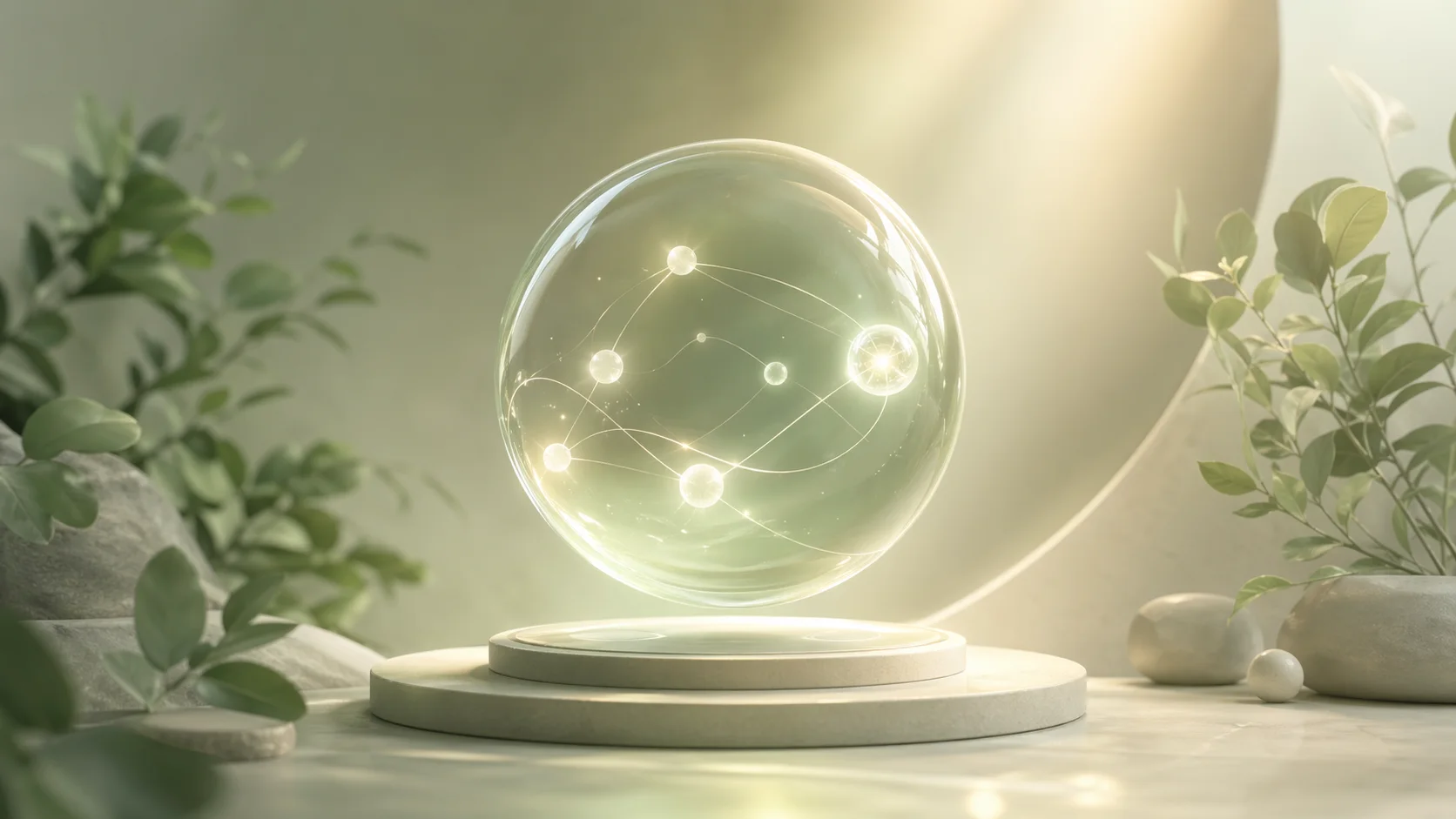Светящаяся прозрачная сфера с мягкой сетью узлов, символизирующая бережную работу AI-коуча