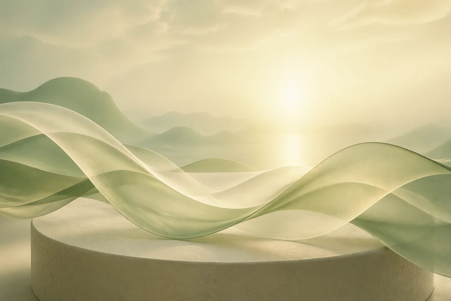 Мягкие полупрозрачные волны в шалфейных тонах над светлой сценой, передающие ритм дыхания