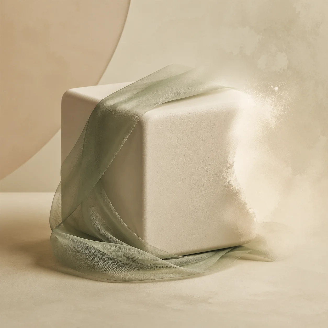 Матовый светлый куб с полупрозрачной шалфейной тканью как метафора смягчения жёстких стандартов